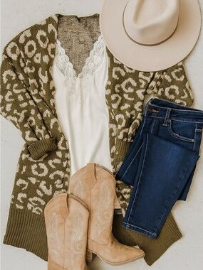 Olive Animal Print Open Front Cardigan